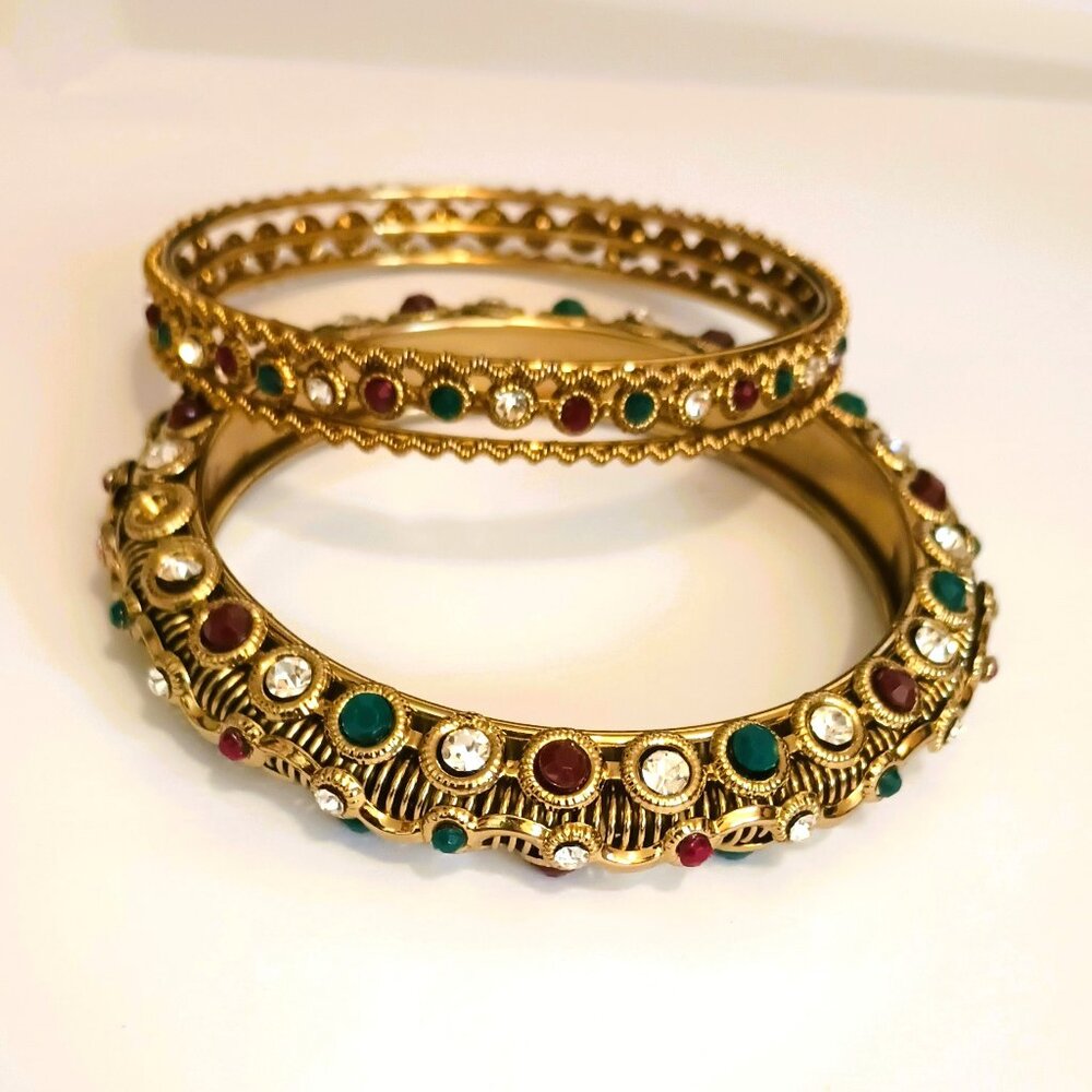 2 Multi-Color Rhinestone Bangles 8" Gold Tone Chunky Bracelet Women's Jewelry
